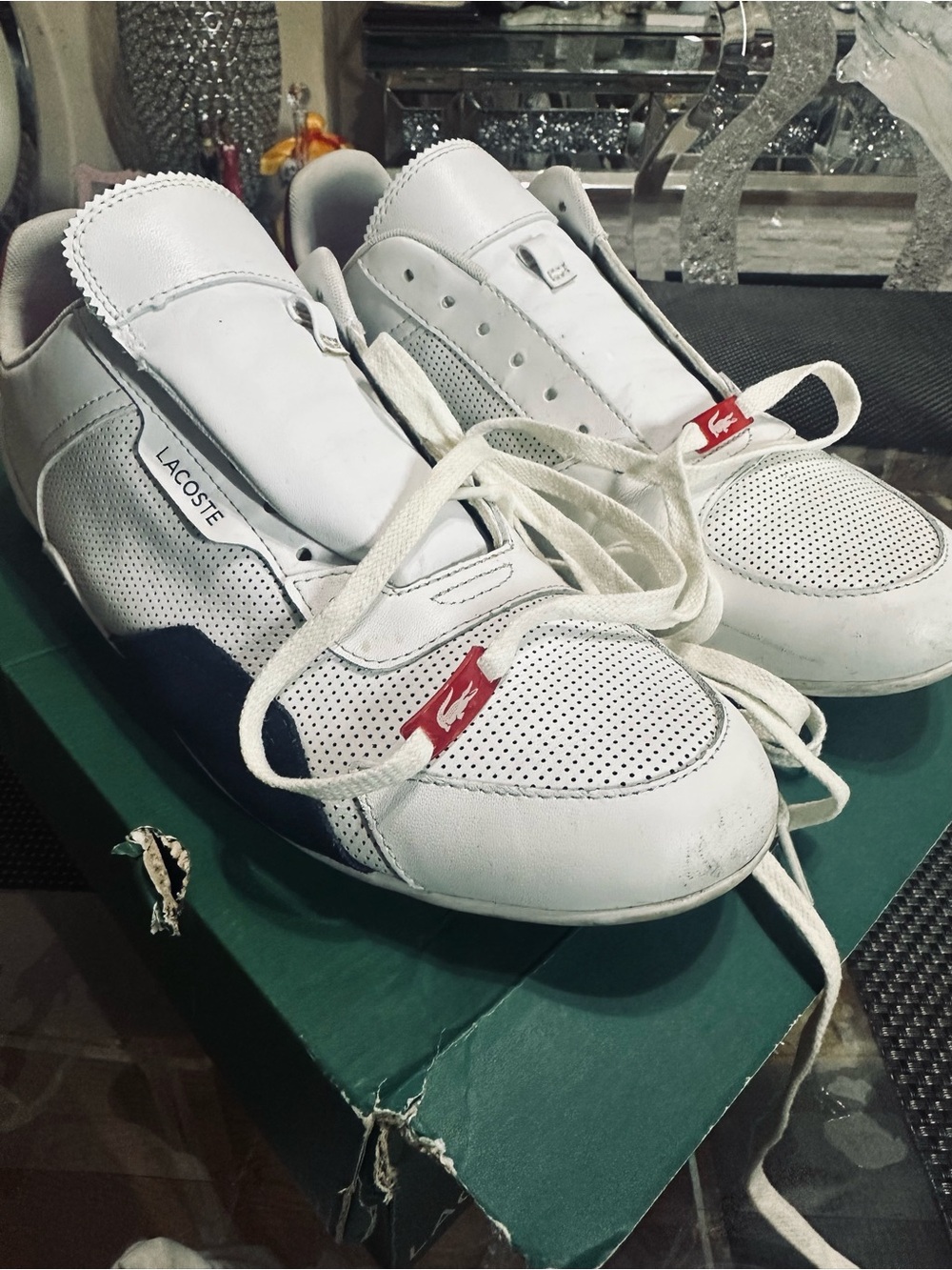 Lacoste White Sneakers with Navy Panels and Red Logo Tabs